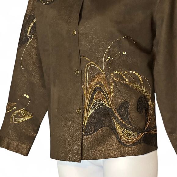 Chico’s Brown Embroidered Sequined Shirt Jacket XL Western Button Up Long Sleeve - Picture 6 of 9